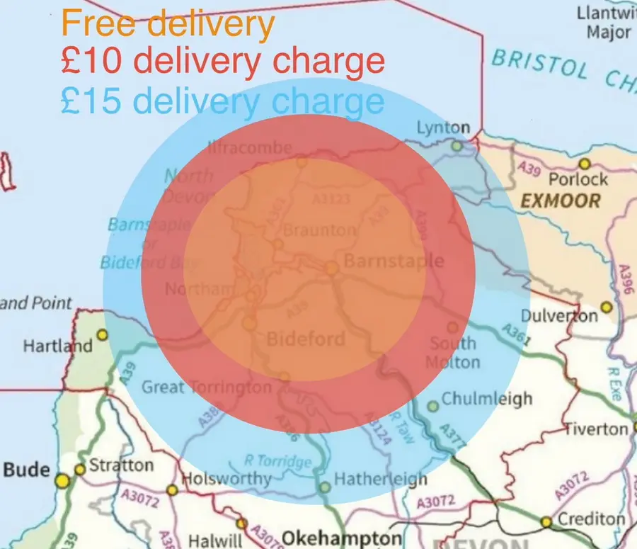Map showing free, £10 and £15 firewood delivery areas in North Devon